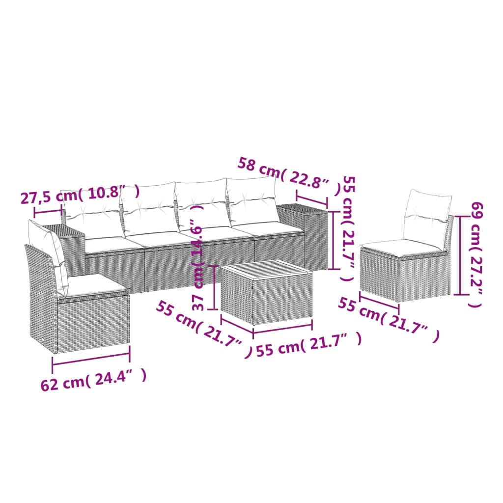 7-Delige Loungeset Met Kussens Poly Rattan Grijs