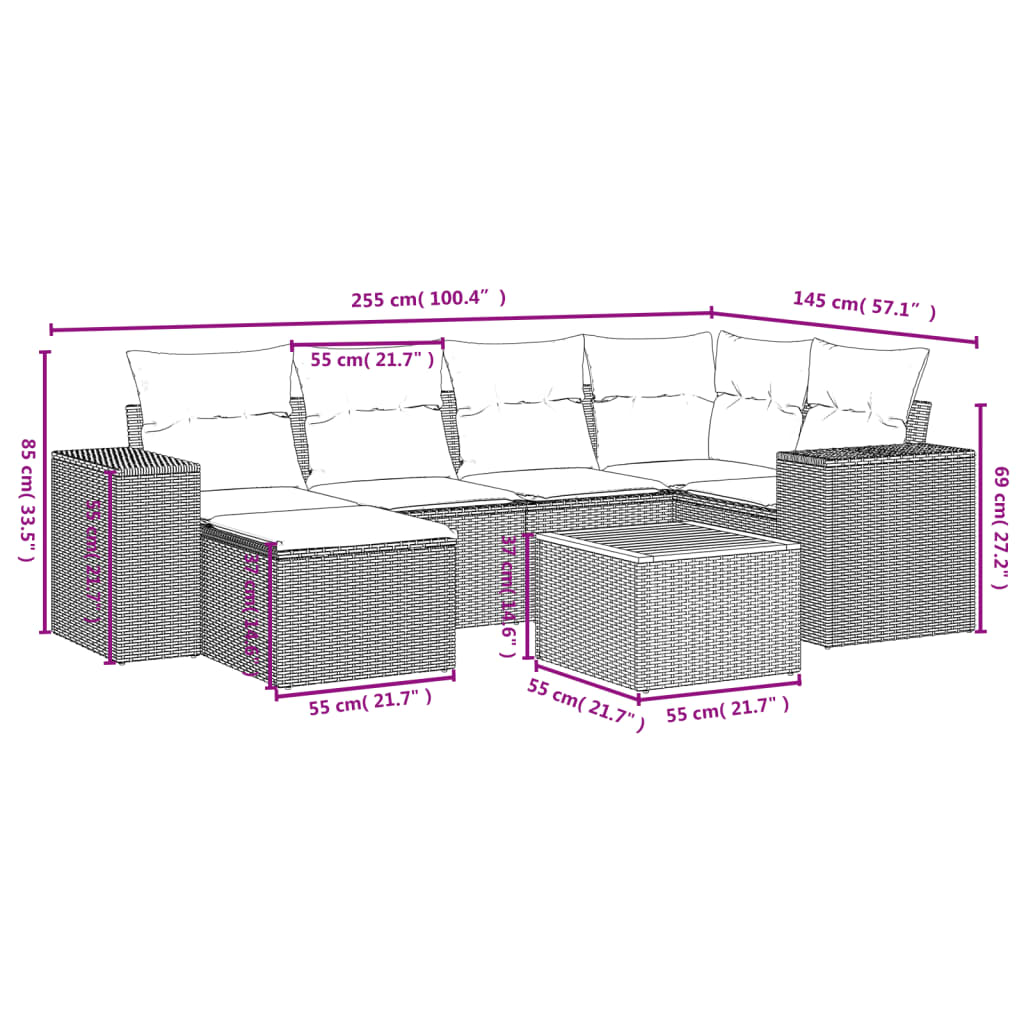 7-Delige Loungeset Met Kussens Poly Rattan Grijs