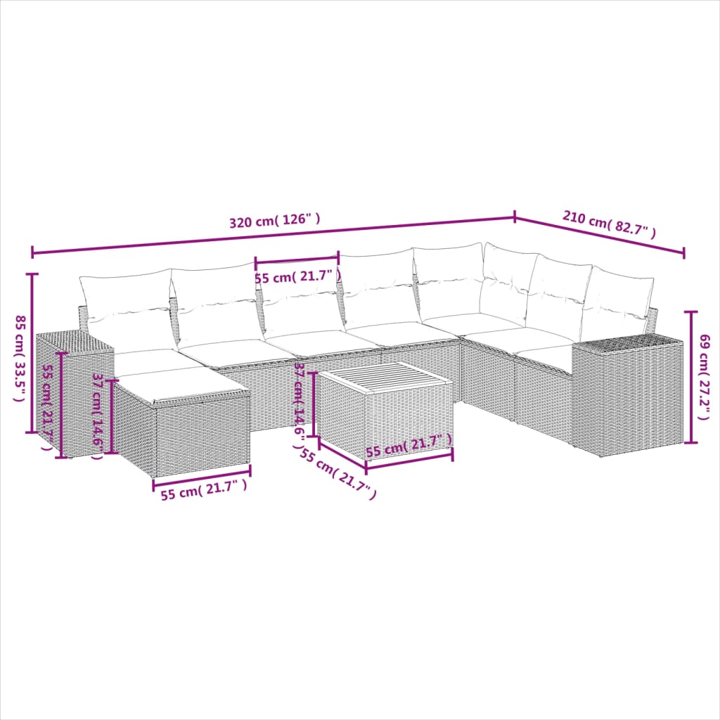 9-Delige Loungeset Met Kussens Poly Rattan Grijs