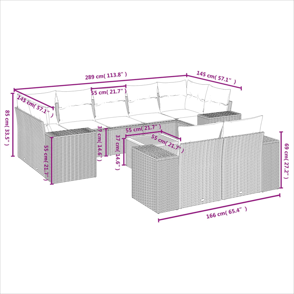 10-Delige Loungeset Met Kussens Poly Rattan Grijs