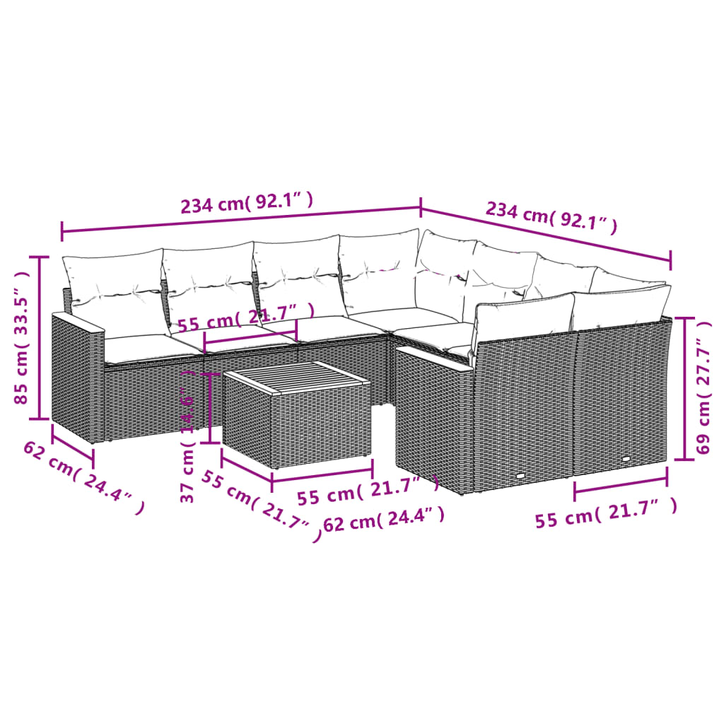 9-Delige Loungeset Met Kussens Poly Rattan Zwart