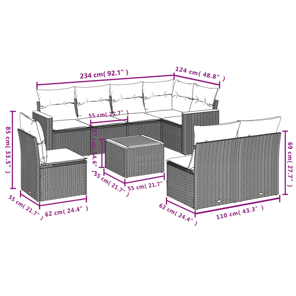 9-Delige Loungeset Met Kussens Poly Rattan Zwart