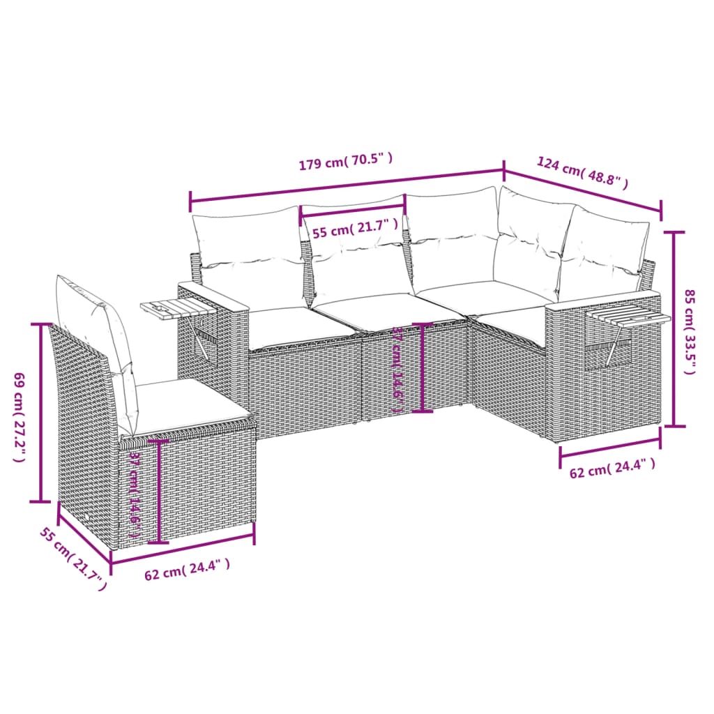5-Delige Loungeset Met Kussens Poly Rattan Beige