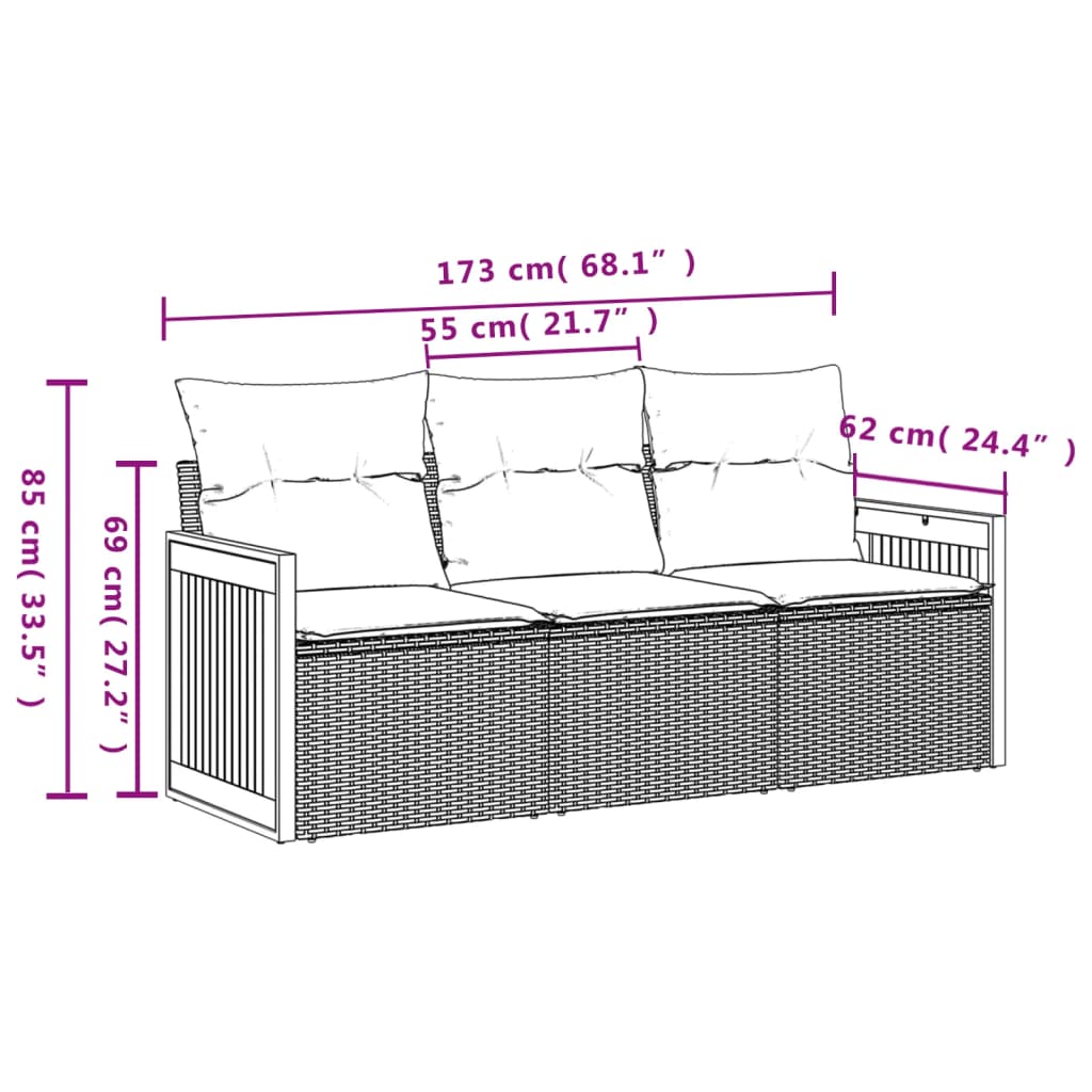 3-Delige Loungeset Met Kussens Poly Rattan