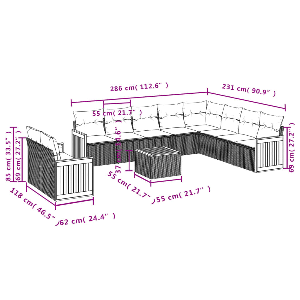 11-Delige Loungeset Met Kussens Poly Rattan Grijs