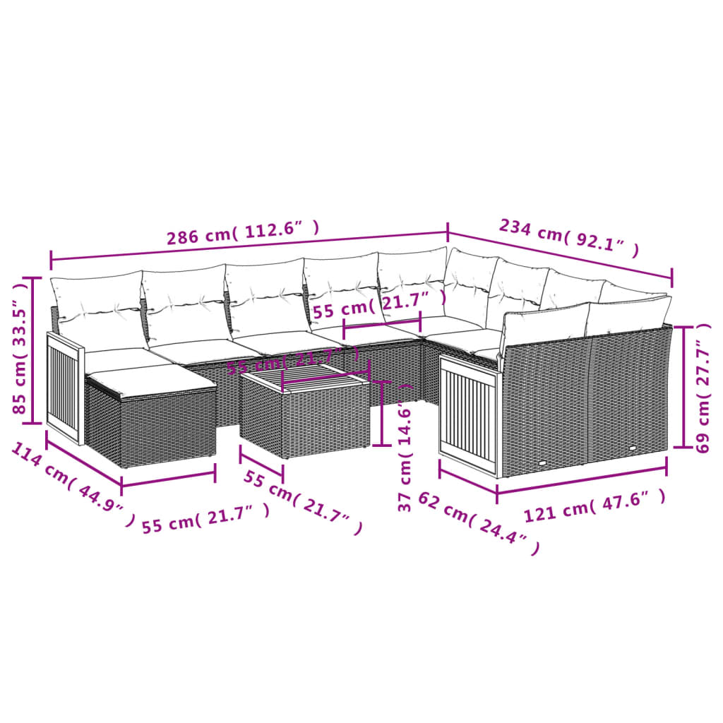 11-Delige Loungeset Met Kussens Poly Rattan Grijs