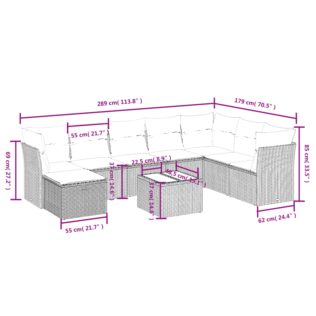 9-Delige Loungeset Met Kussens Poly Rattan Gemengd Beige