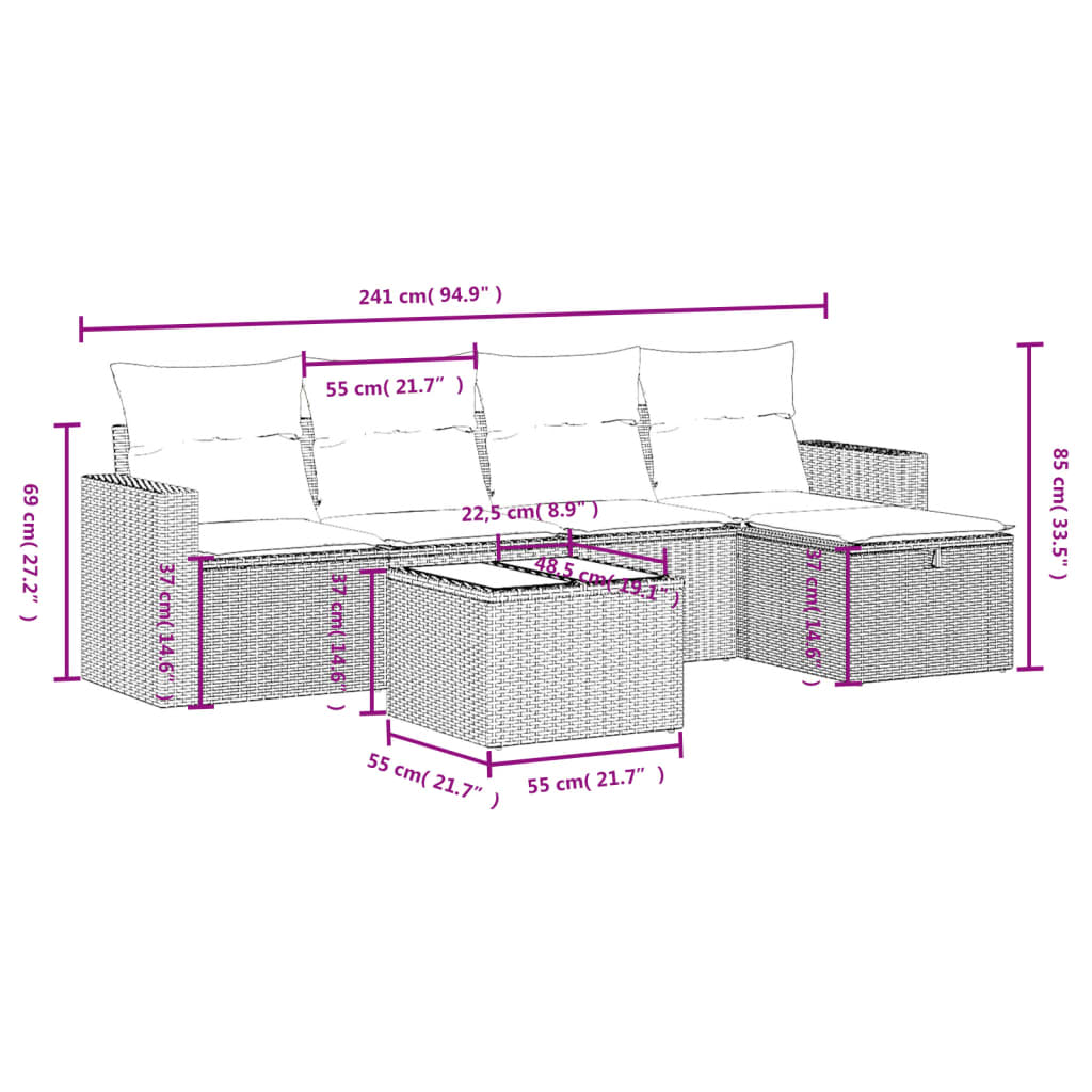 6-Delige Loungeset Met Kussens Poly Rattan Gemengd Beige