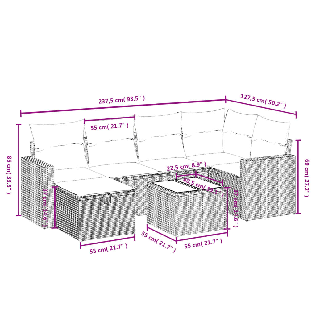 7-Delige Loungeset Met Kussens Poly Rattan Gemengd Beige