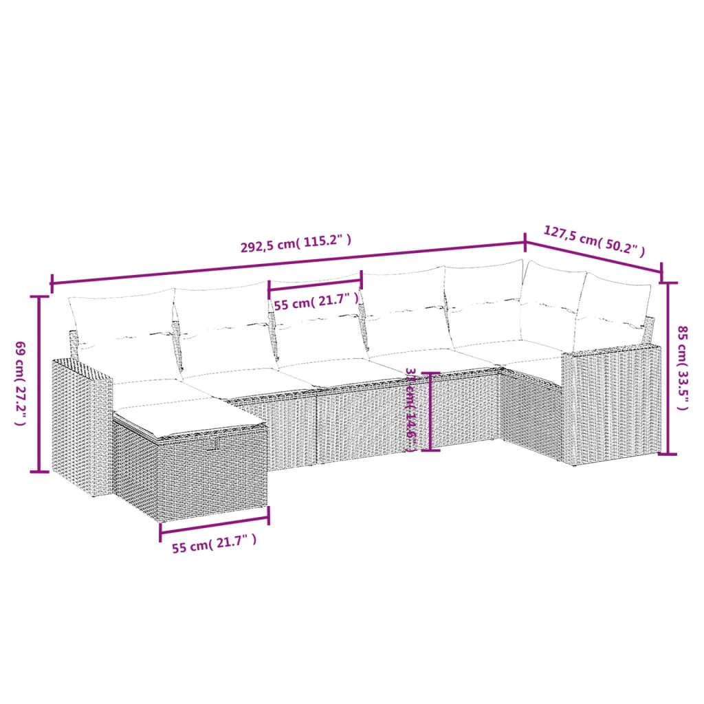 7-Delige Loungeset Met Kussens Poly Rattan Gemengd Beige
