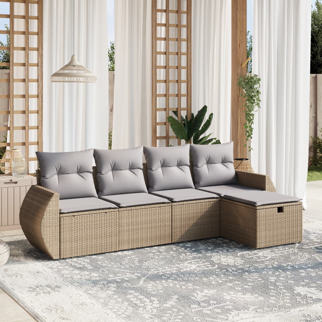 5-Delige Loungeset Met Kussens Poly Rattan Gemengd Beige