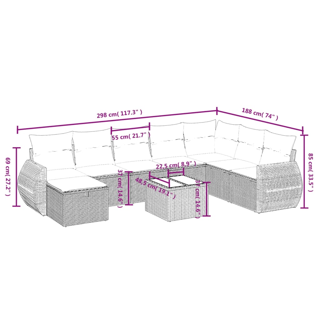 9-Delige Loungeset Met Kussens Poly Rattan Gemengd Beige