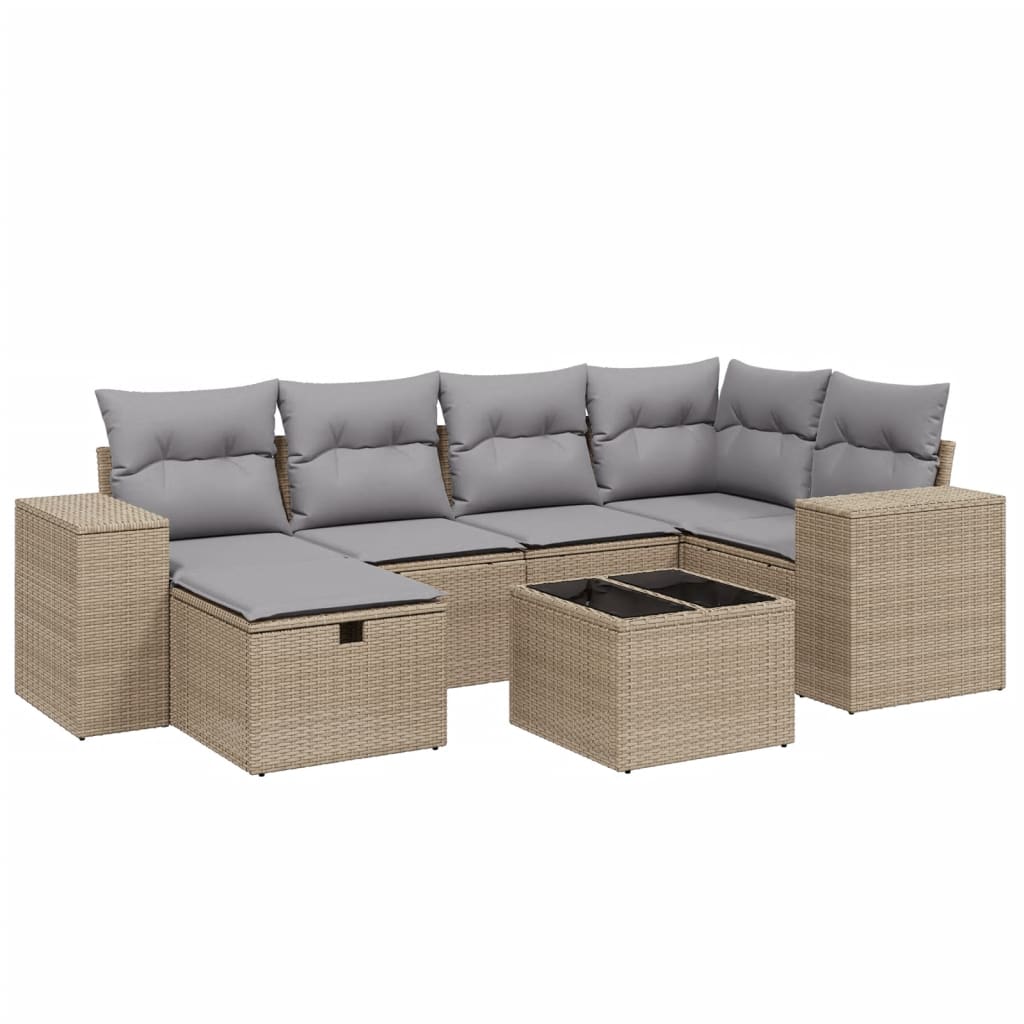 7-Delige Loungeset Met Kussens Poly Rattan Gemengd Beige