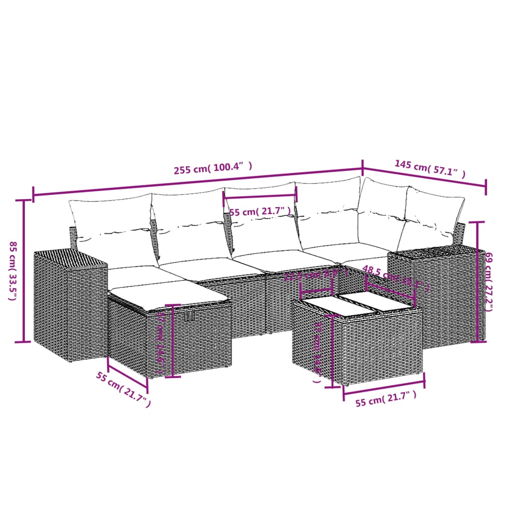 7-Delige Loungeset Met Kussens Poly Rattan Gemengd Beige