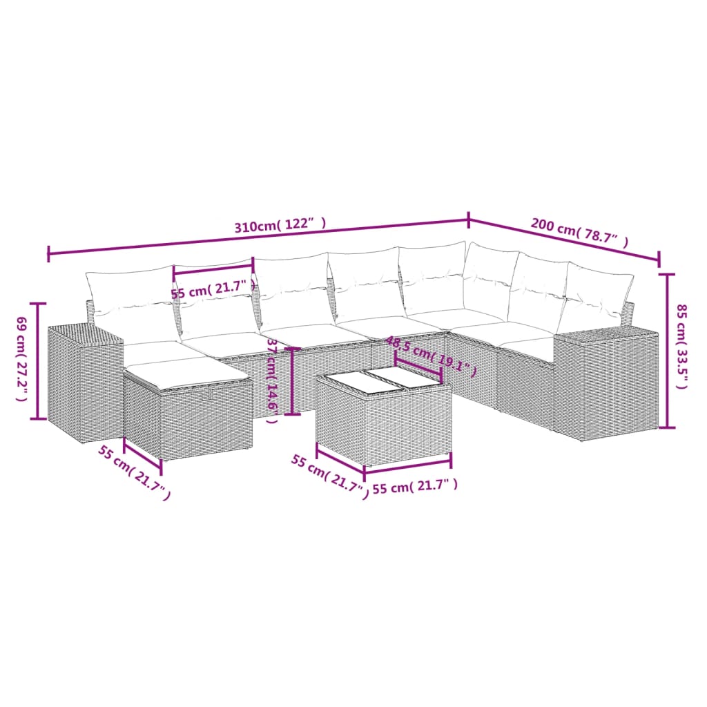 9-Delige Loungeset Met Kussens Poly Rattan Gemengd Beige