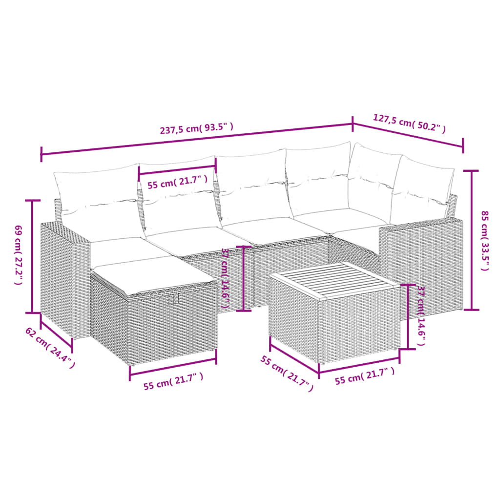 7-Delige Loungeset Met Kussens Poly Rattan Gemengd Beige
