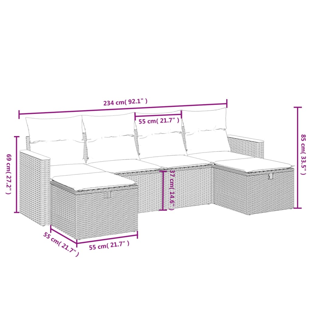 6-Delige Loungeset Met Kussens Poly Rattan Gemengd Beige