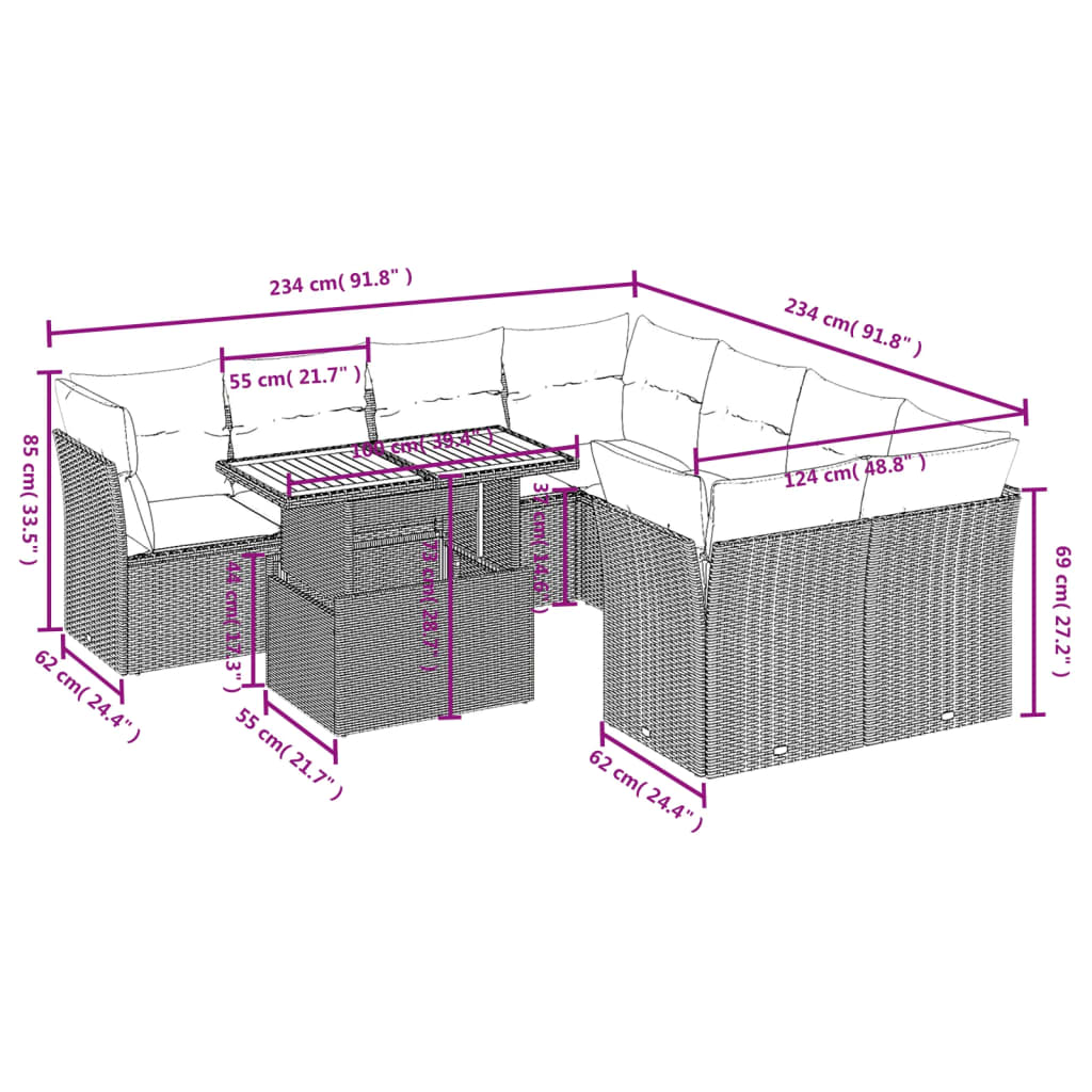 9-Delige Loungeset Met Kussens Poly Rattan Zwart