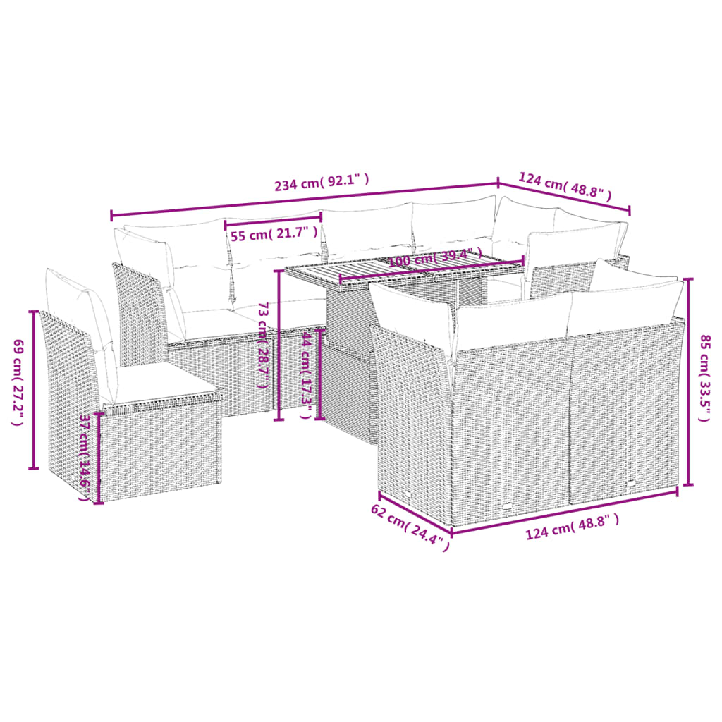 9-Delige Loungeset Met Kussens Poly Rattan Zwart