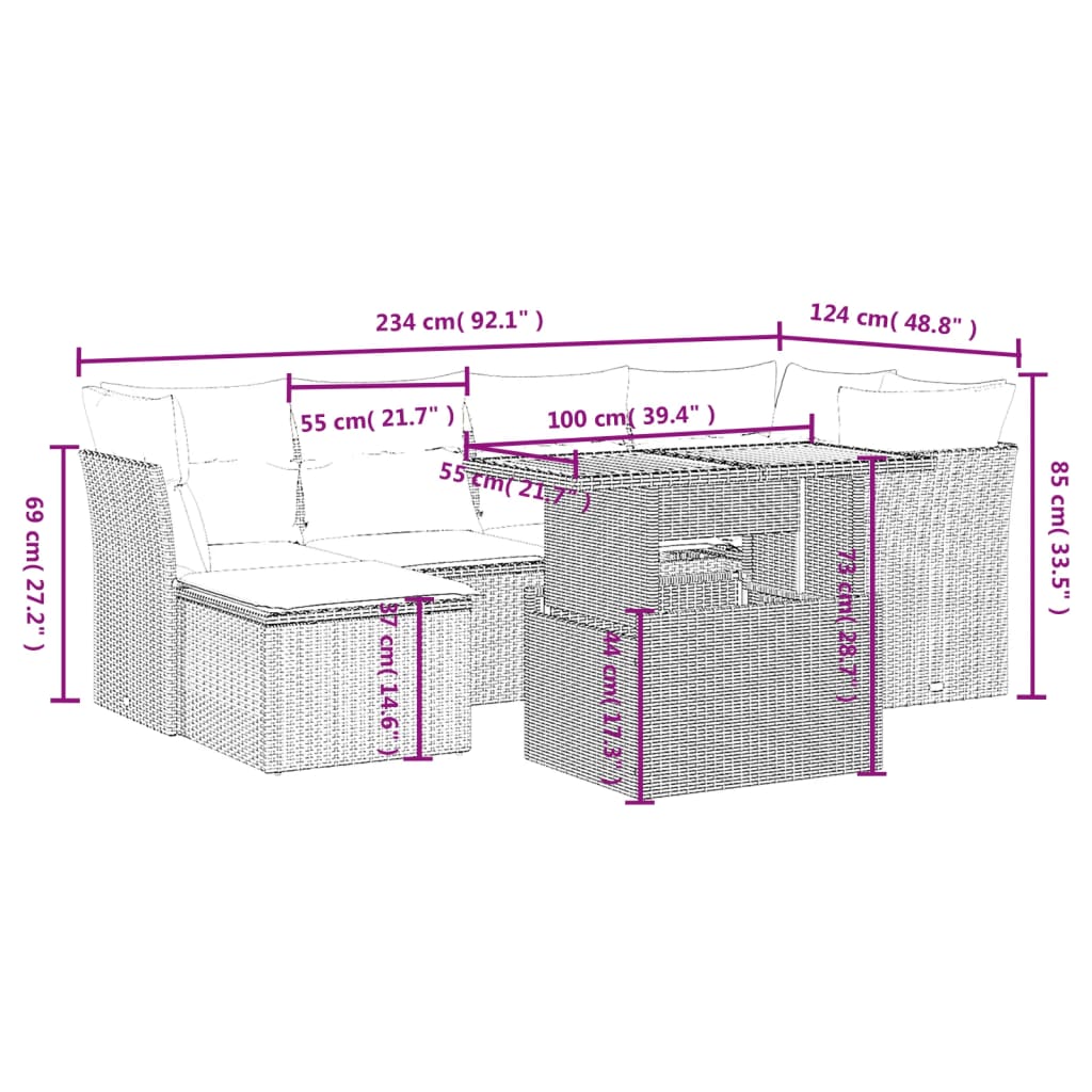 7-Delige Loungeset Met Kussens Poly Rattan Zwart