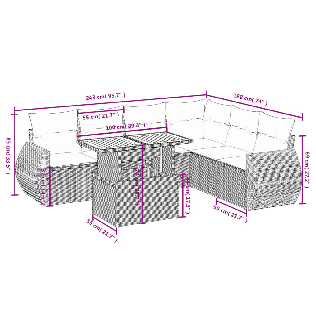 7-Delige Loungeset Met Kussens Poly Rattan Zwart