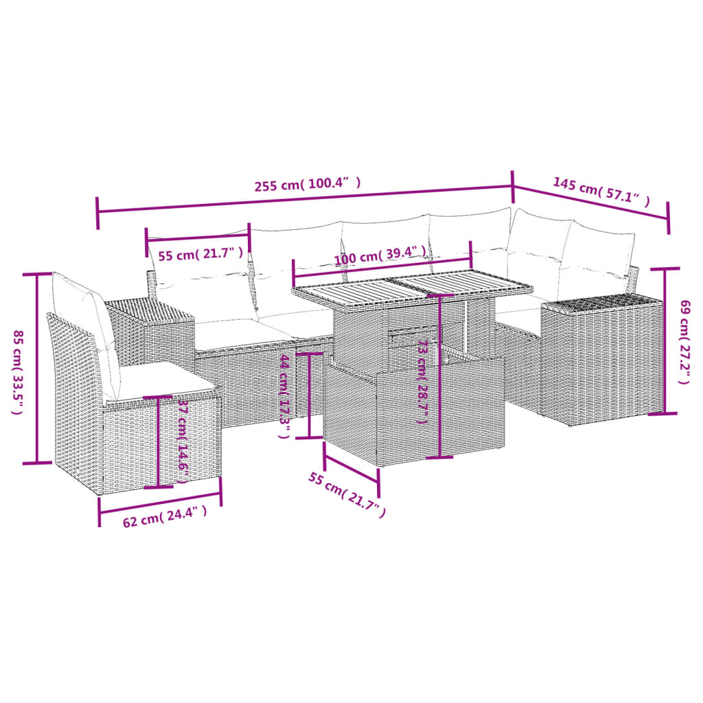7-Delige Loungeset Met Kussens Poly Rattan Zwart
