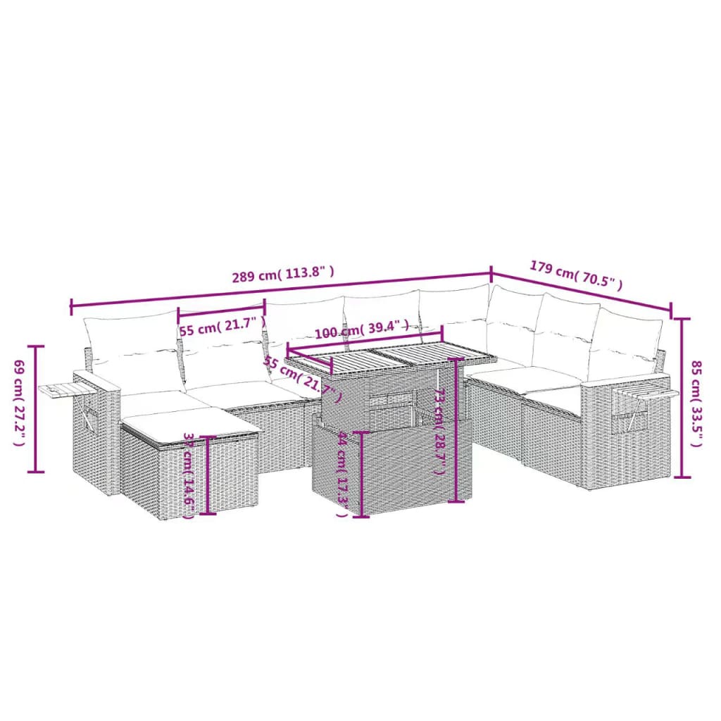 9-Delige Loungeset Met Kussens Poly Rattan Zwart