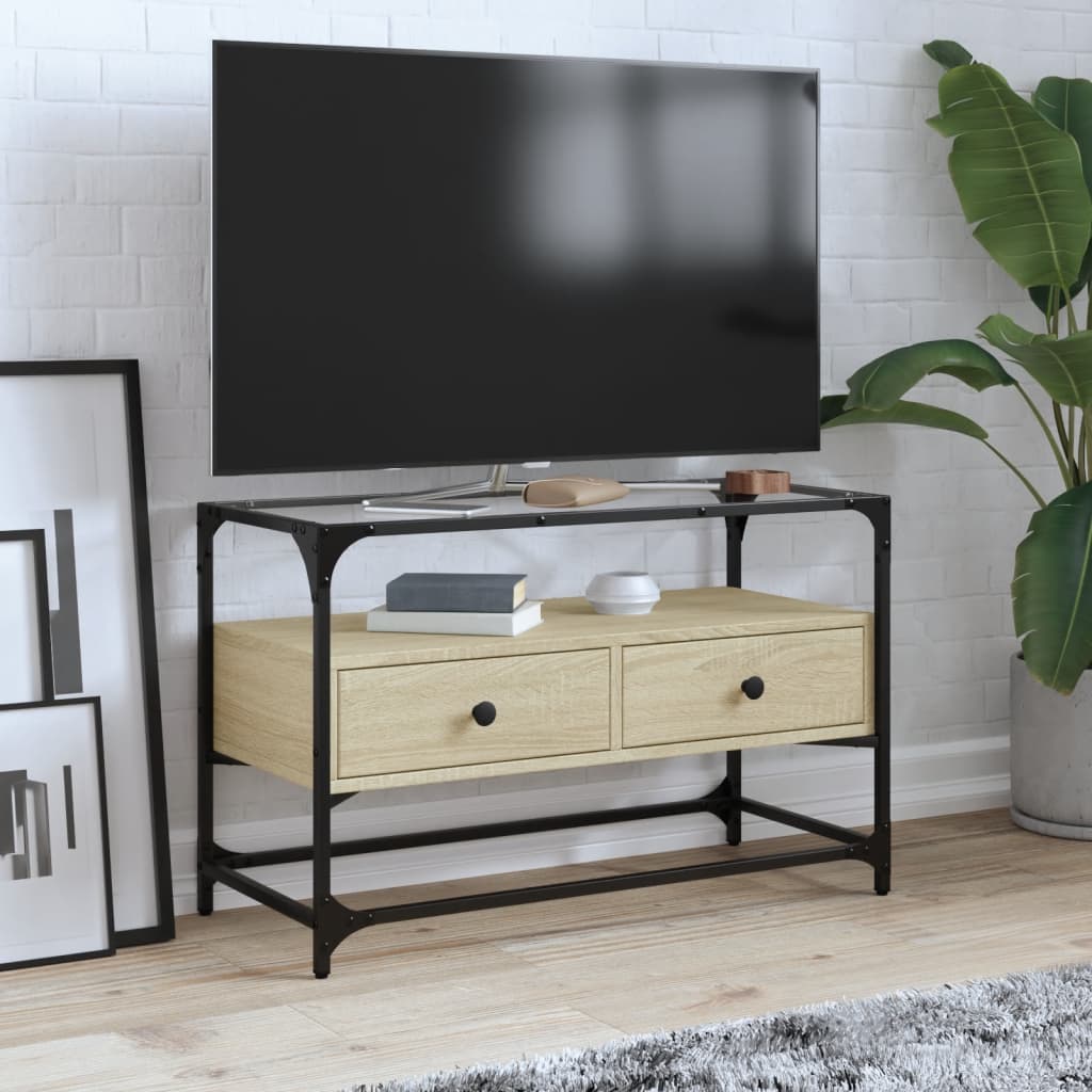 Tv-Meubel Met Glazen Blad 98X35X51 Cm Bewerkt Hout
