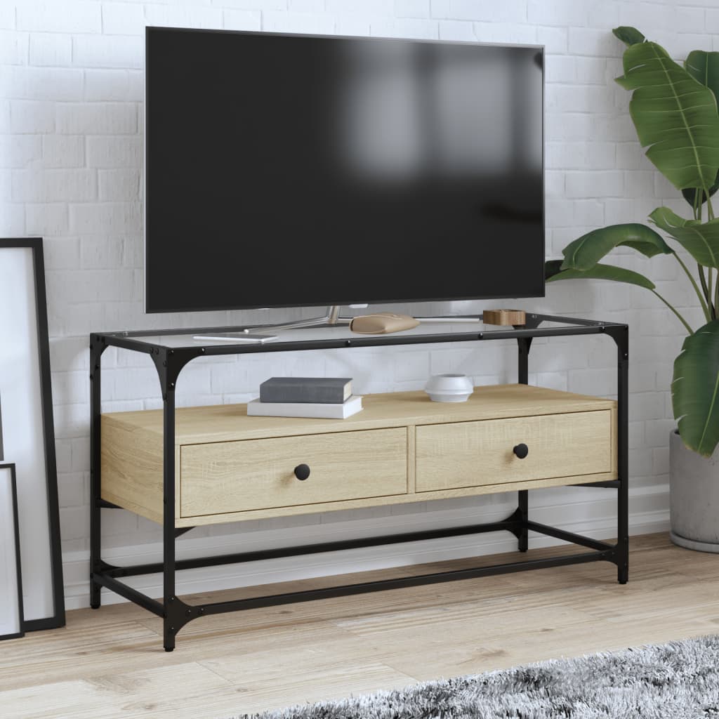 Tv-Meubel Met Glazen Blad 98X35X51 Cm Bewerkt Hout