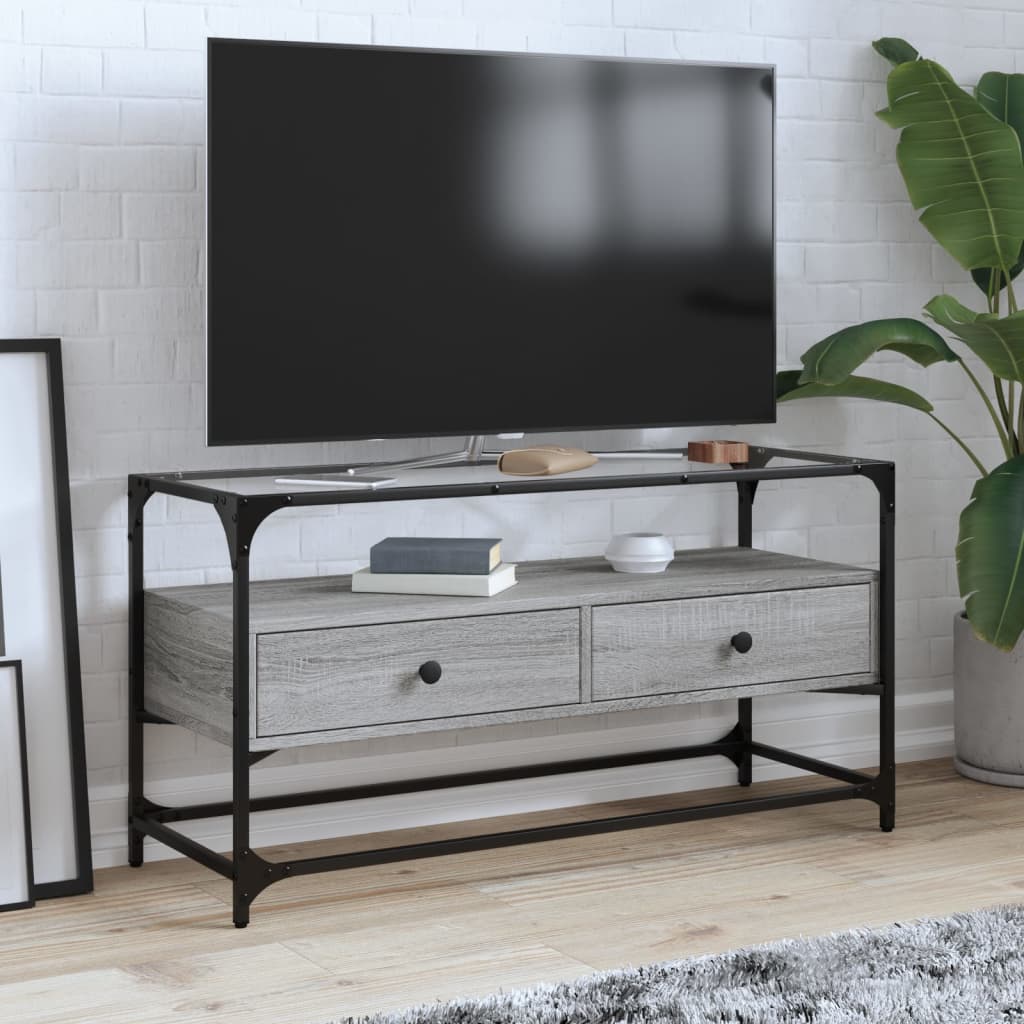 Tv-Meubel Met Glazen Blad 98X35X51 Cm Bewerkt Hout
