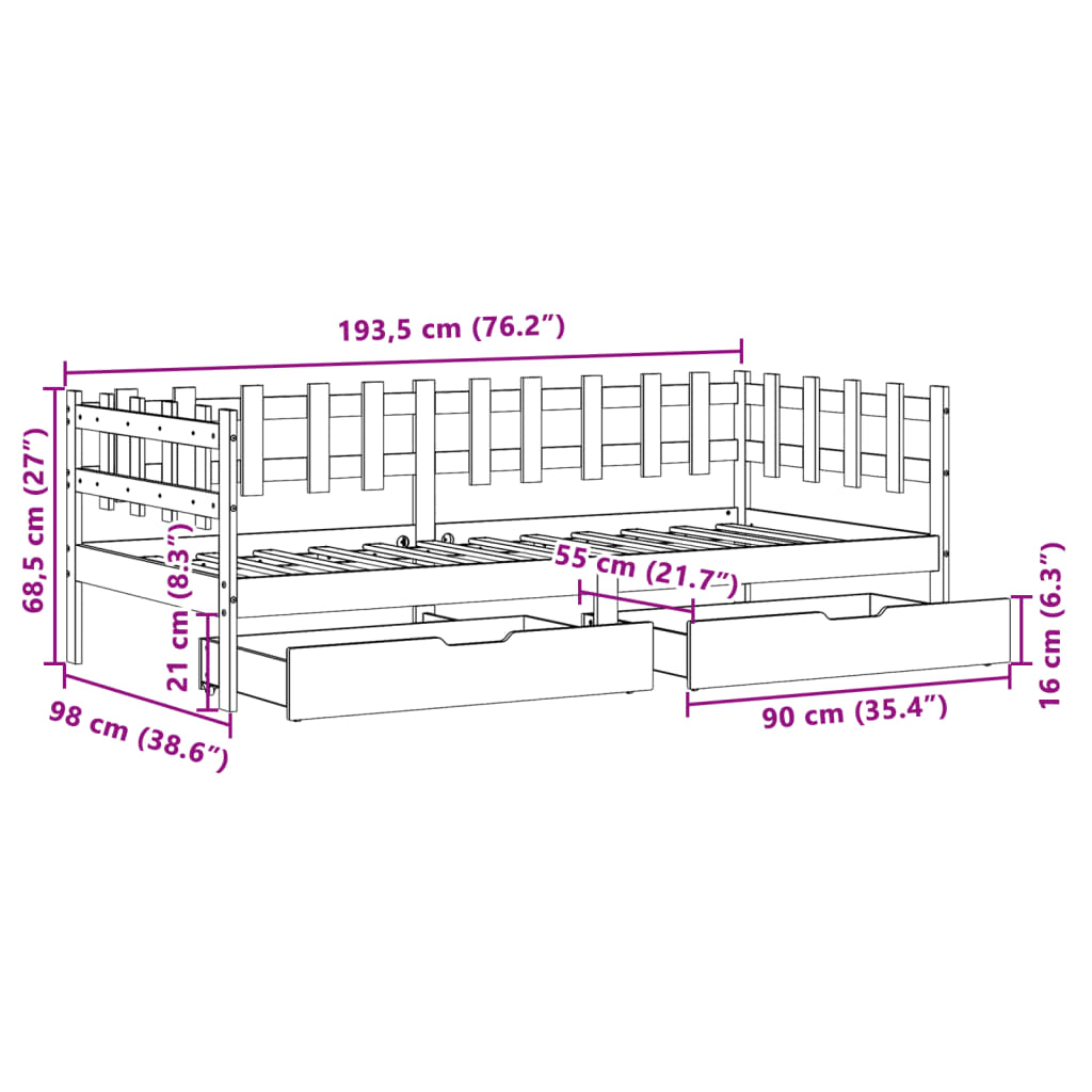Slaapbank Met Lades 90X190 Cm Massief Grenenhout