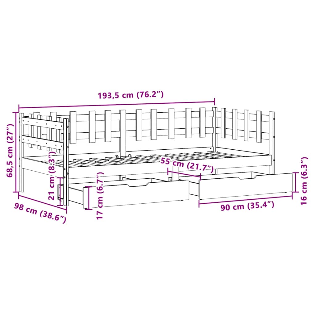 Slaapbank Met Lades 90X190 Cm Massief Grenenhout Wit