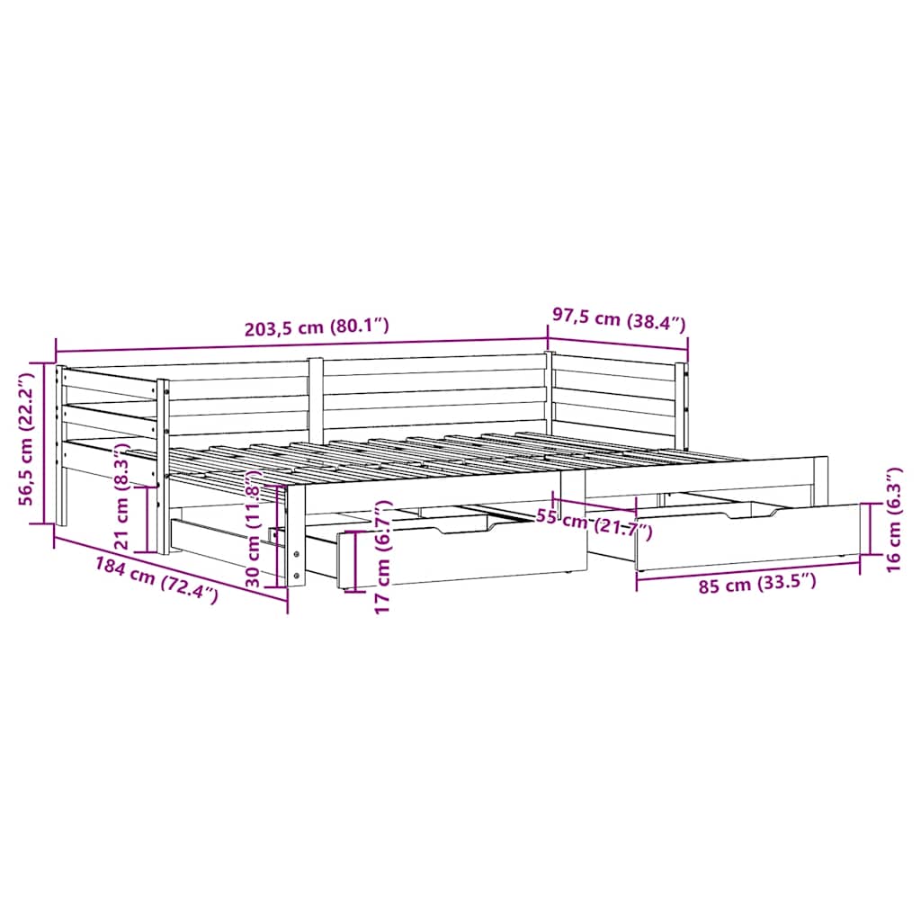 Slaapbank Met Onderschuifbed/Lades Zonder Matras 90X200 Cm Wit