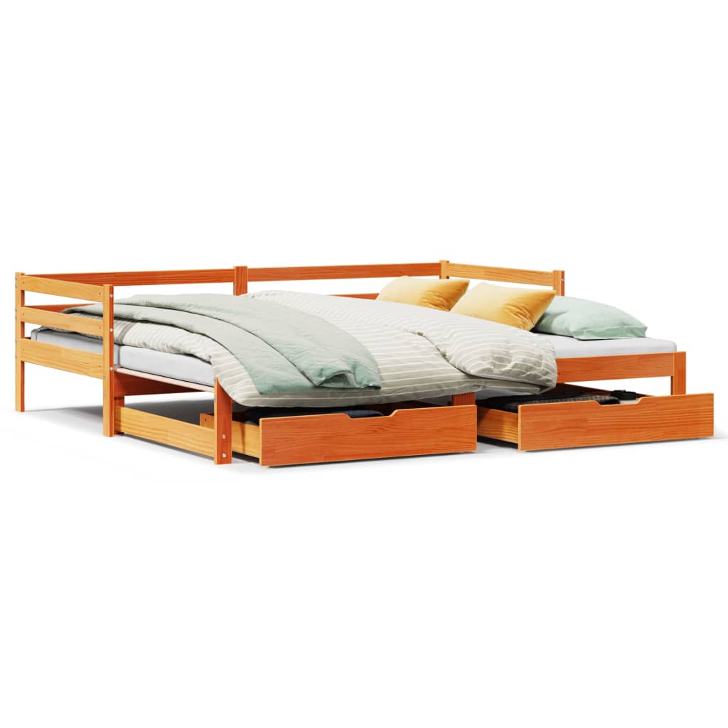 Slaapbank Onderschuifbed En Lades 90X200 Cm Grenenhout Wasbruin
