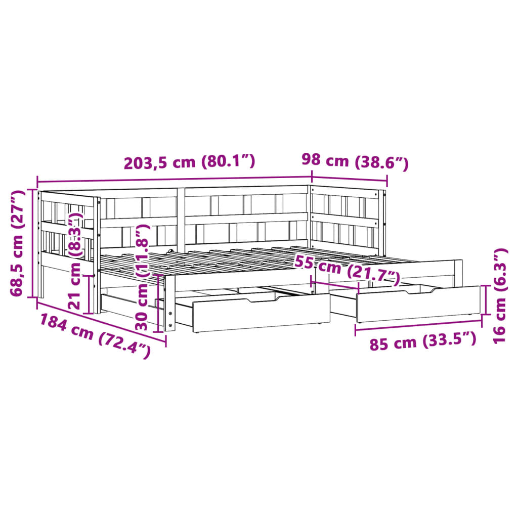 Slaapbank Met Onderschuifbed En Lades Zonder Matras 90X200 Cm