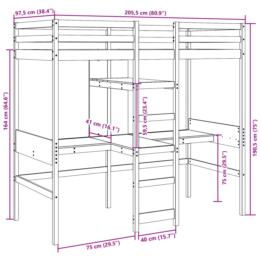 Hoogslaper Met Bureau En Schappen Grenenhout 90X200Cm