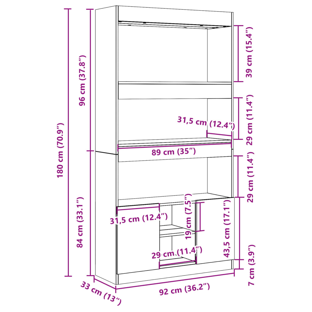 Hoge Kast 92X33X Bewerkt Hout Wit
