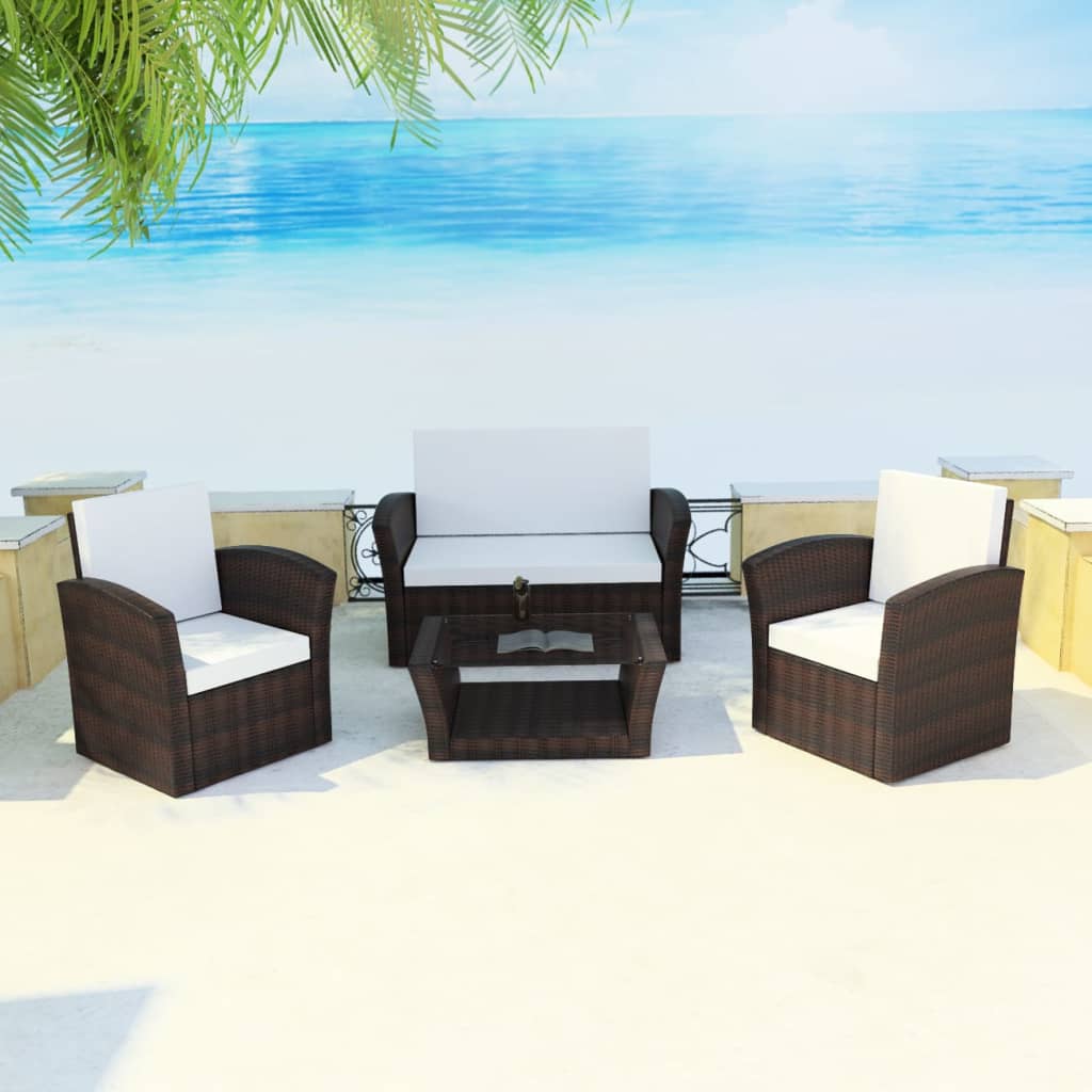 -Delige Loungeset Met Kussens Poly Rattan