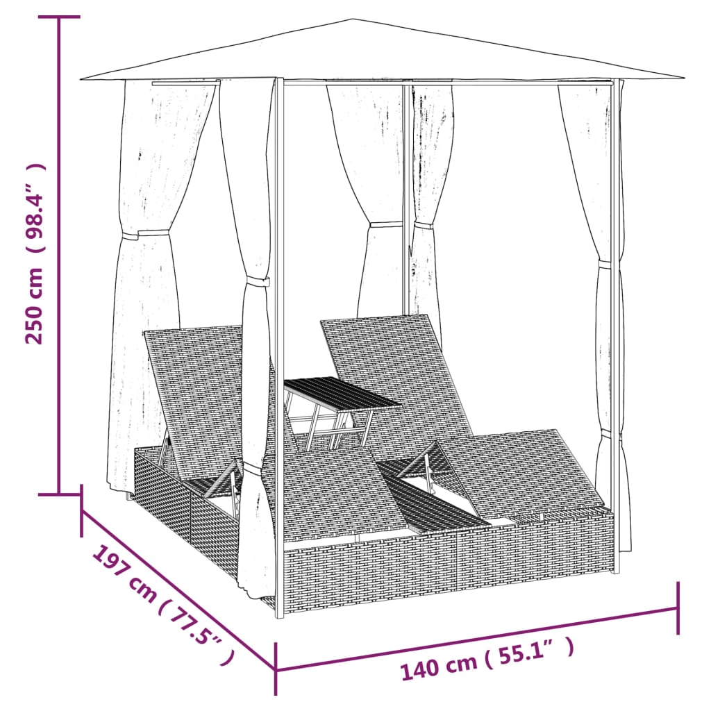 Ligbed Tweepersoons Met Gordijnen Poly Rattan