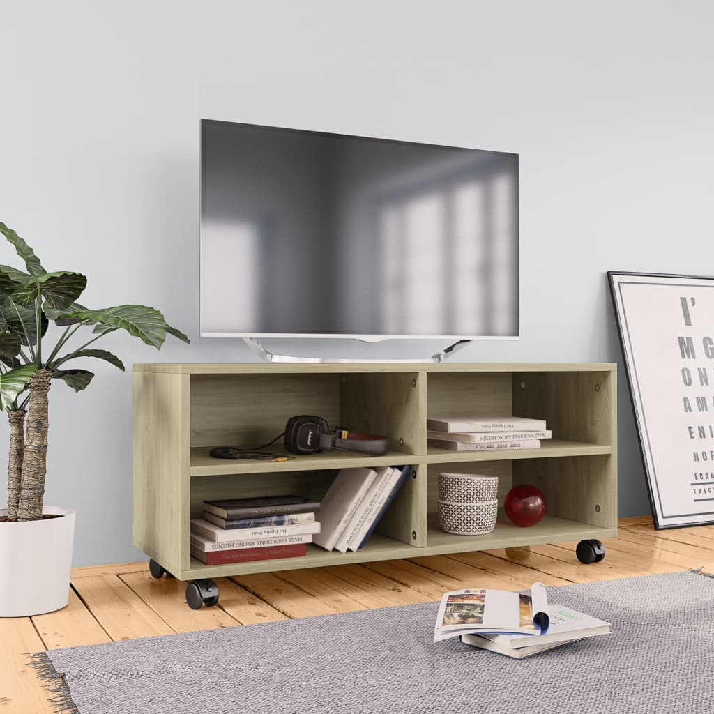Tv-Meubel Met Wieltjes 90X35X35 Cm Bewerkt Hout