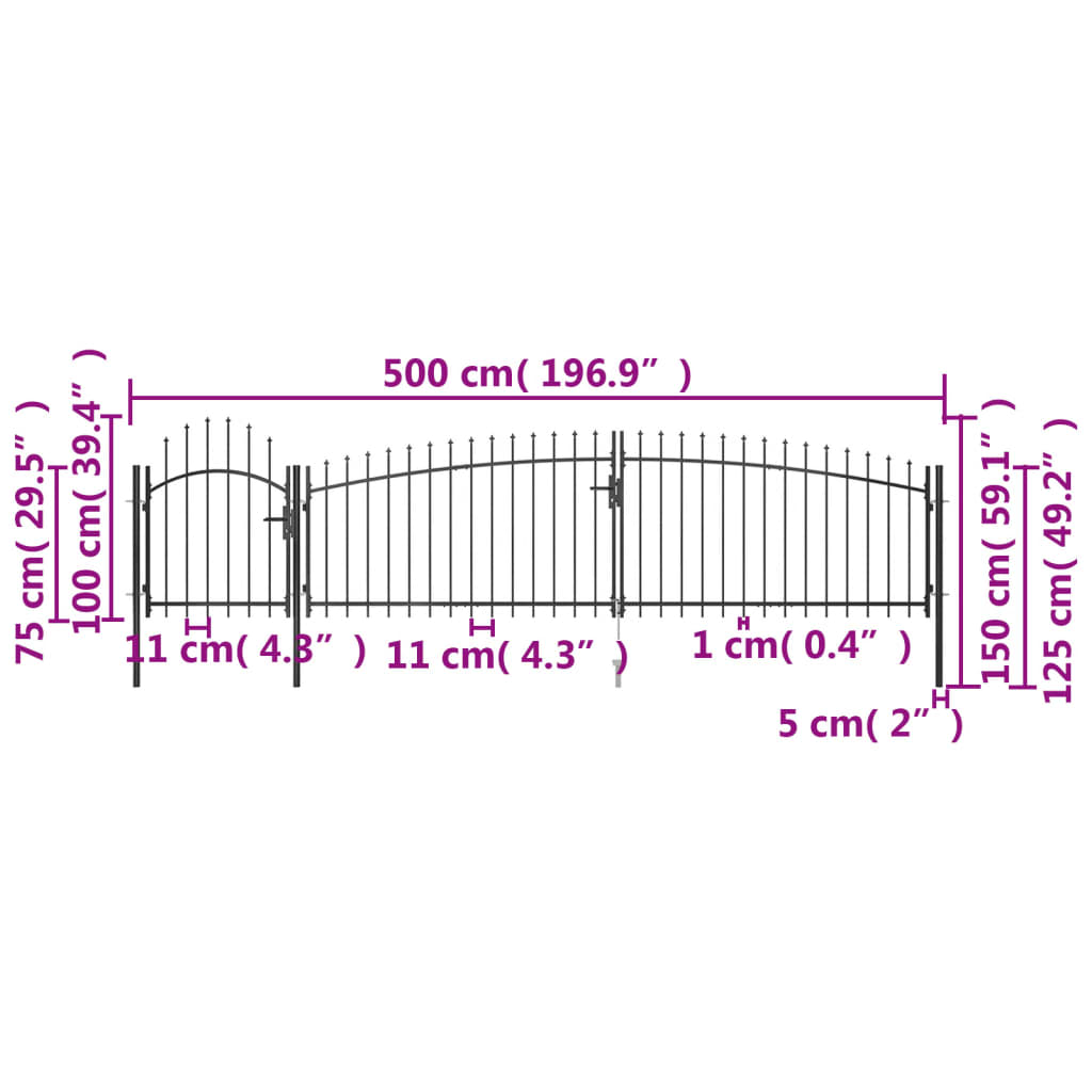 Poort Met Speren Bovenkant 5X1,5 M Zwart