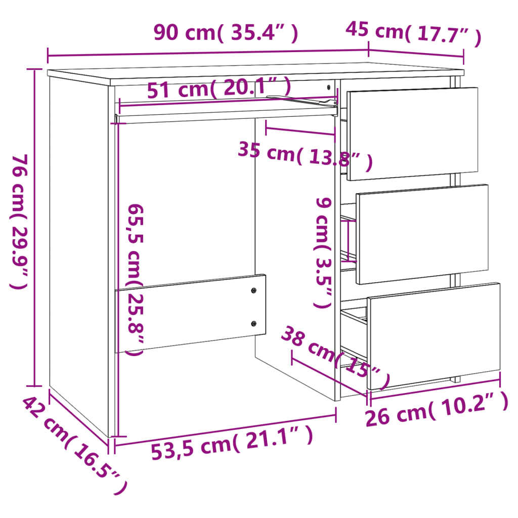 Bureau 90X45X76 Cm Bewerkt Hout