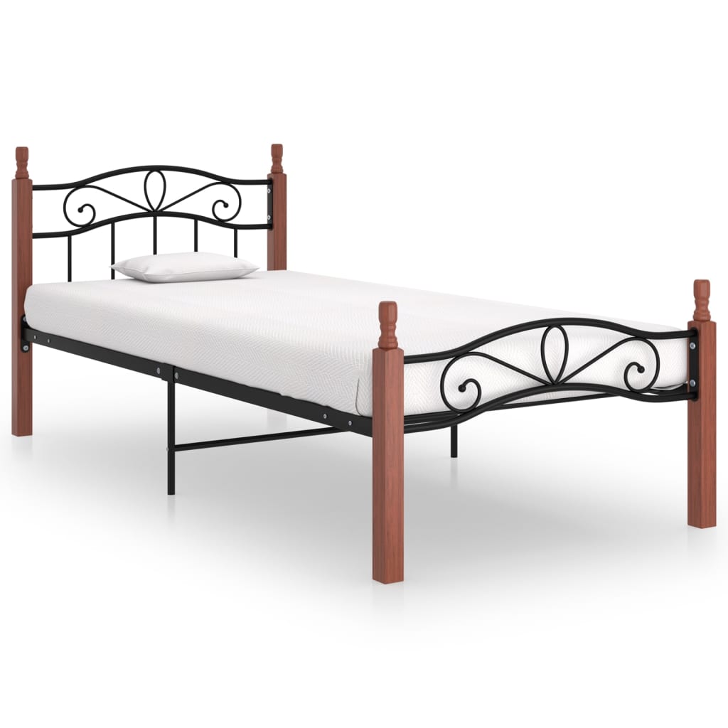 Bedframe Metaal En Massief Eikenhout Zwart