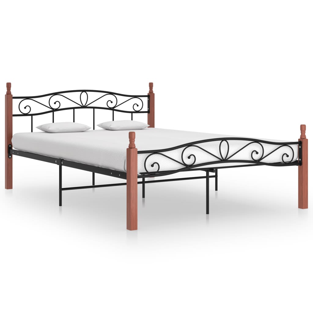 Bedframe Metaal En Massief Eikenhout Zwart