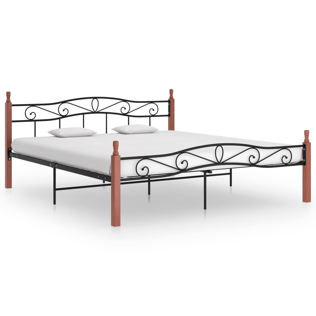 Bedframe Metaal En Massief Eikenhout Zwart