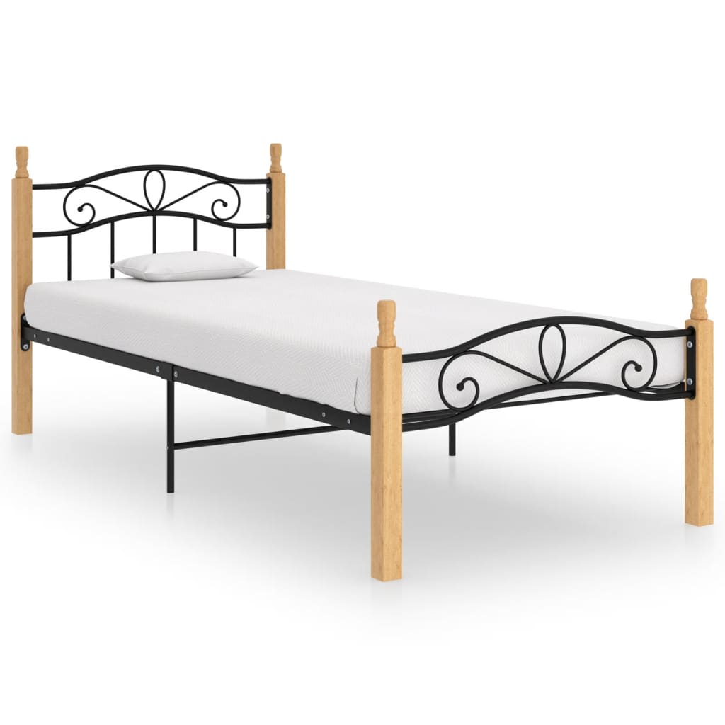 Bedframe Metaal En Massief Eikenhout Zwart