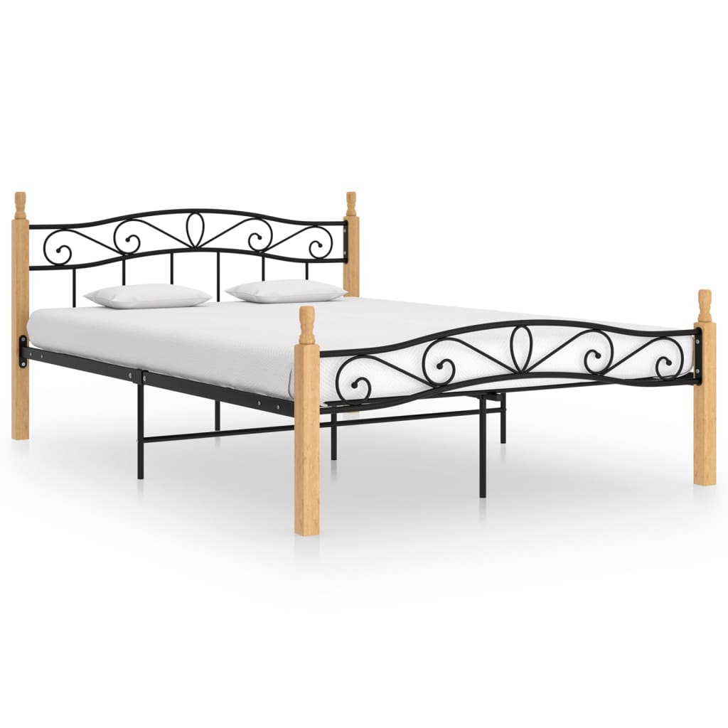 Bedframe Metaal En Massief Eikenhout Zwart