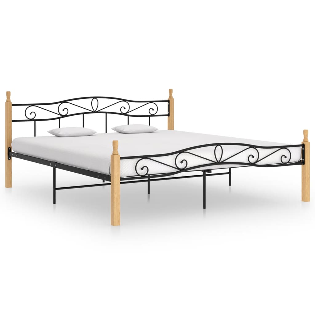 Bedframe Metaal En Massief Eikenhout Zwart