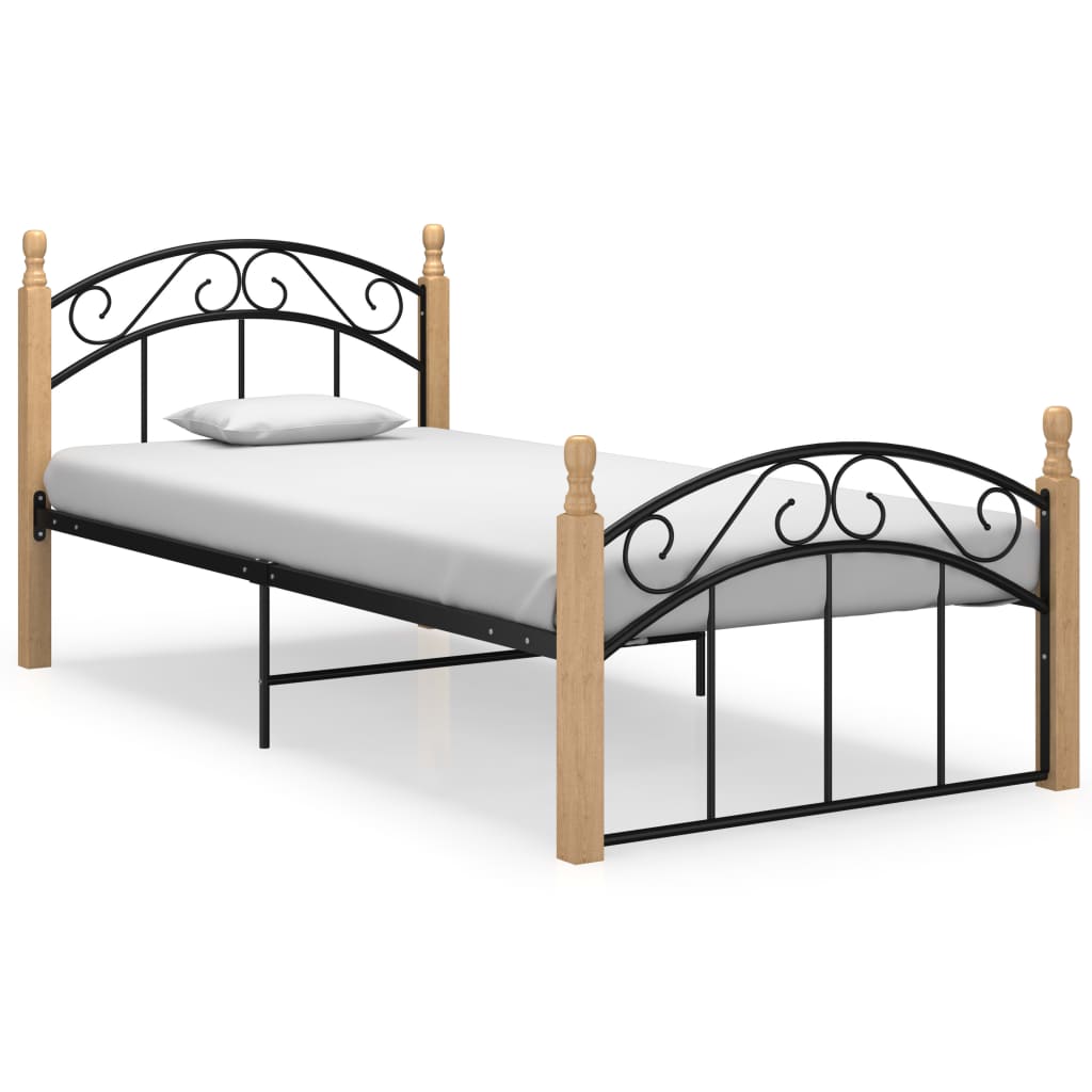 Bedframe Metaal En Massief Eikenhout Zwart