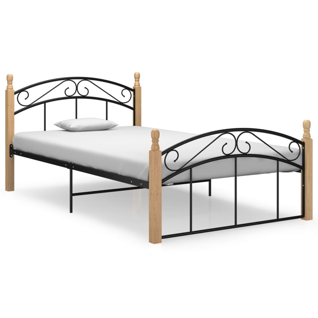 Bedframe Metaal En Massief Eikenhout Zwart